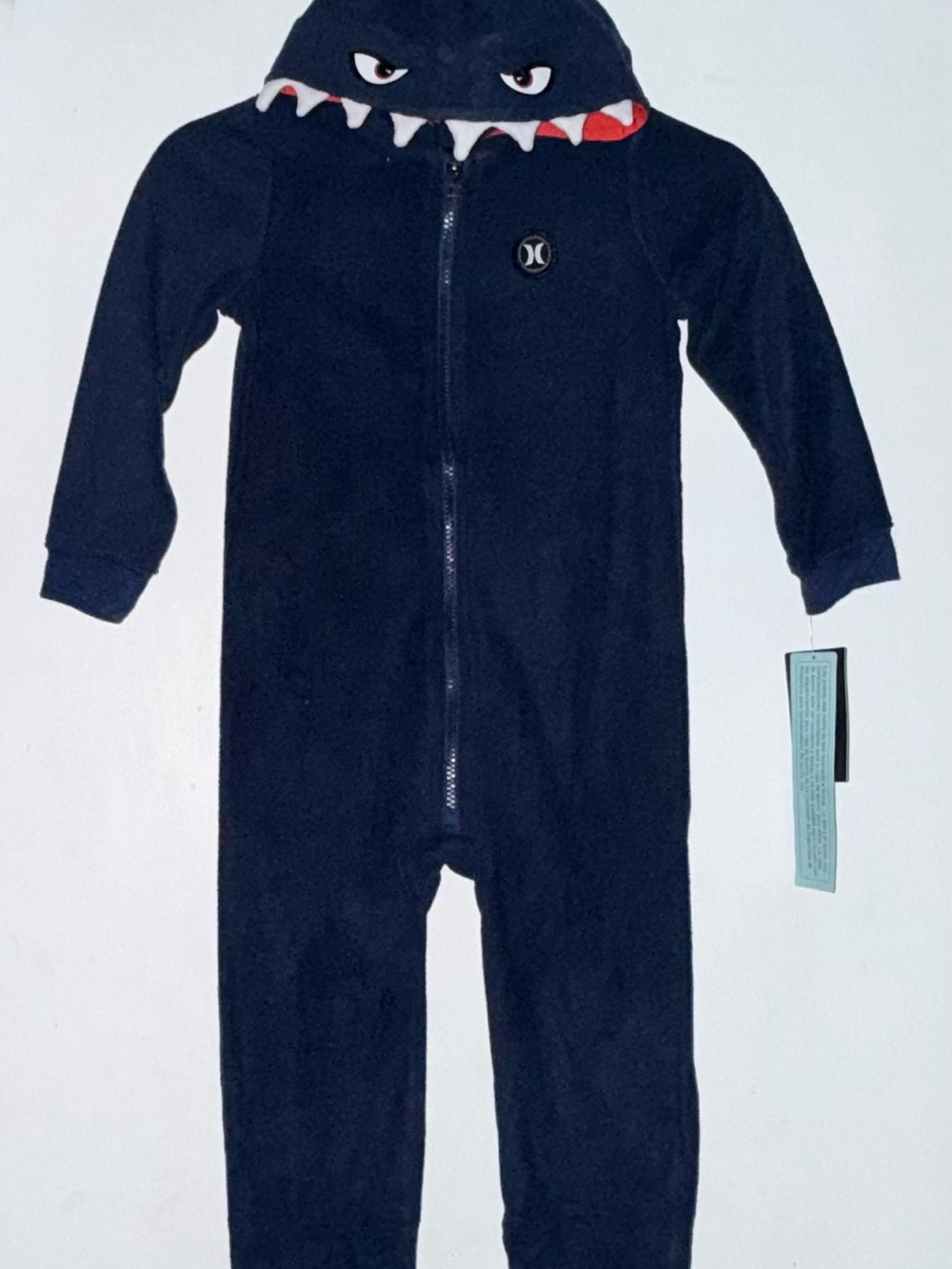 Hurley Navy Shark Hooded Kids One-Piece Footie with Teeth Detail